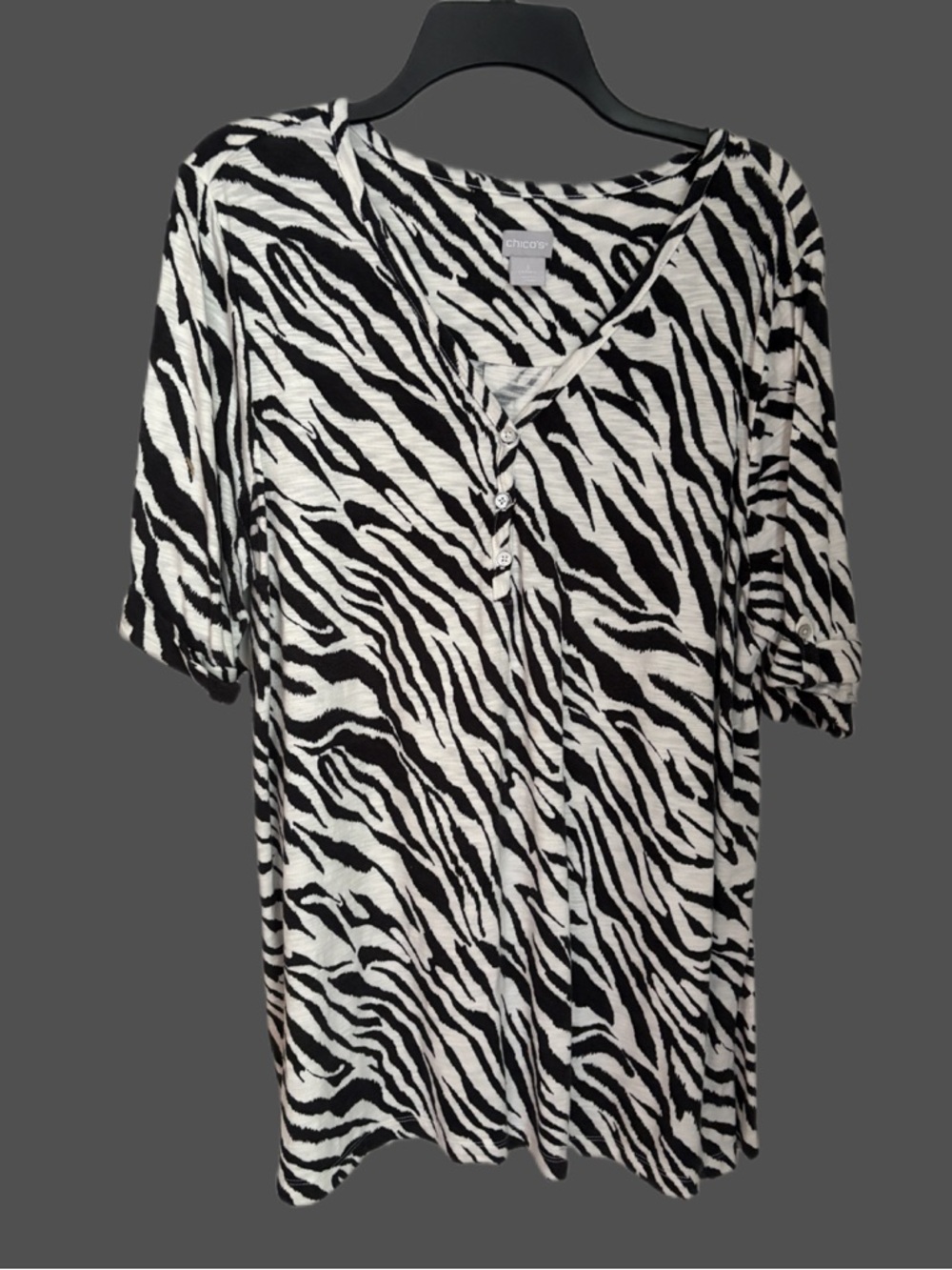 Chico's Black & White Zebra Henley Short Sleeve Top XL - Picture 2 of 2